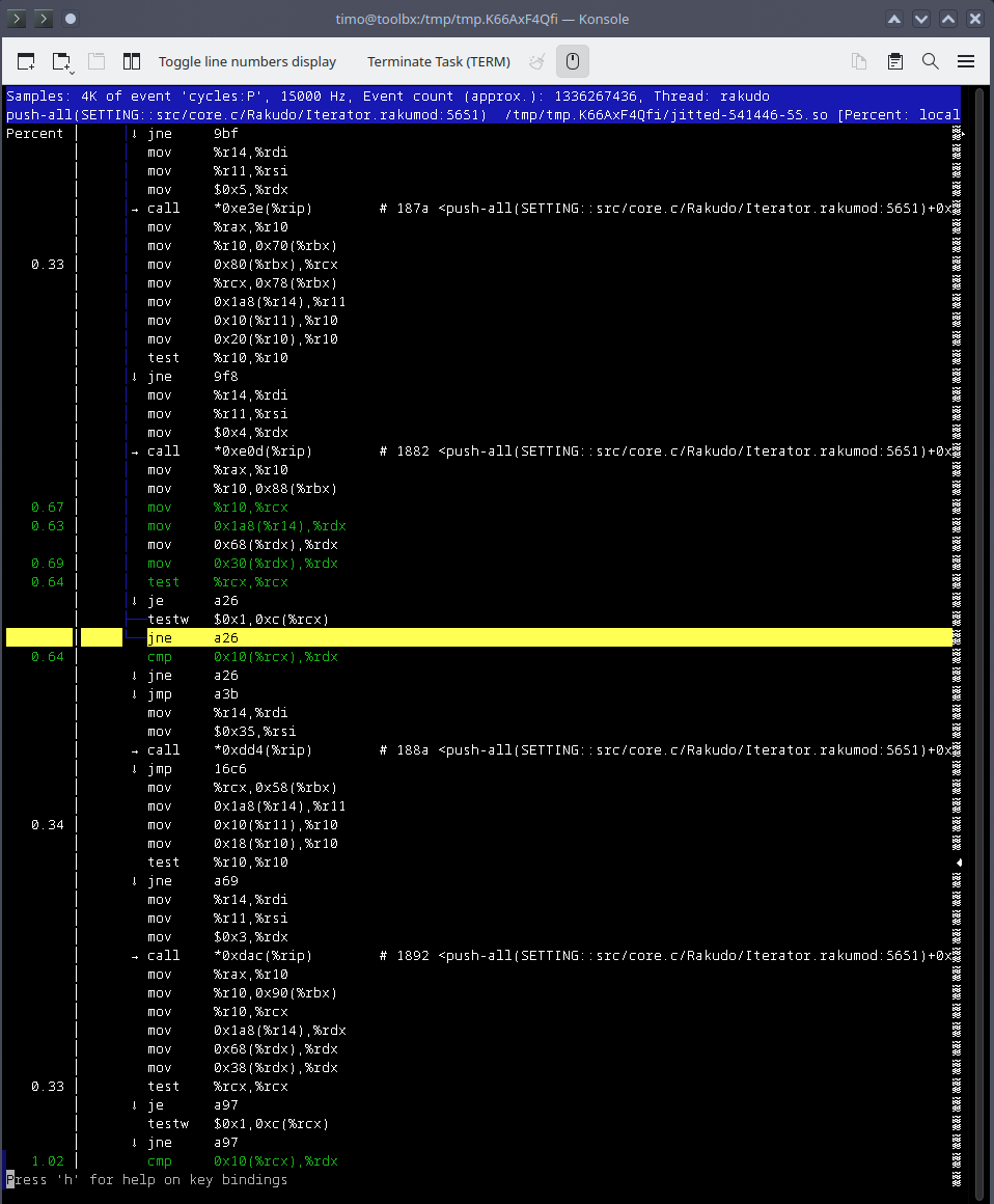 A screenshot of a jitted function from rakudo's Core Setting: Rakudo/Iterator.rakumod line 5651. You can see a whole bunch of mov instructions, some test and je or jne calls, and call instructions. Some of the instructions have percentage values on their left, showing how often the profiler has sampled this instruction.